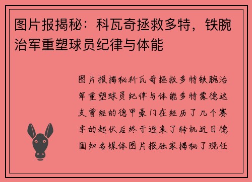 图片报揭秘：科瓦奇拯救多特，铁腕治军重塑球员纪律与体能